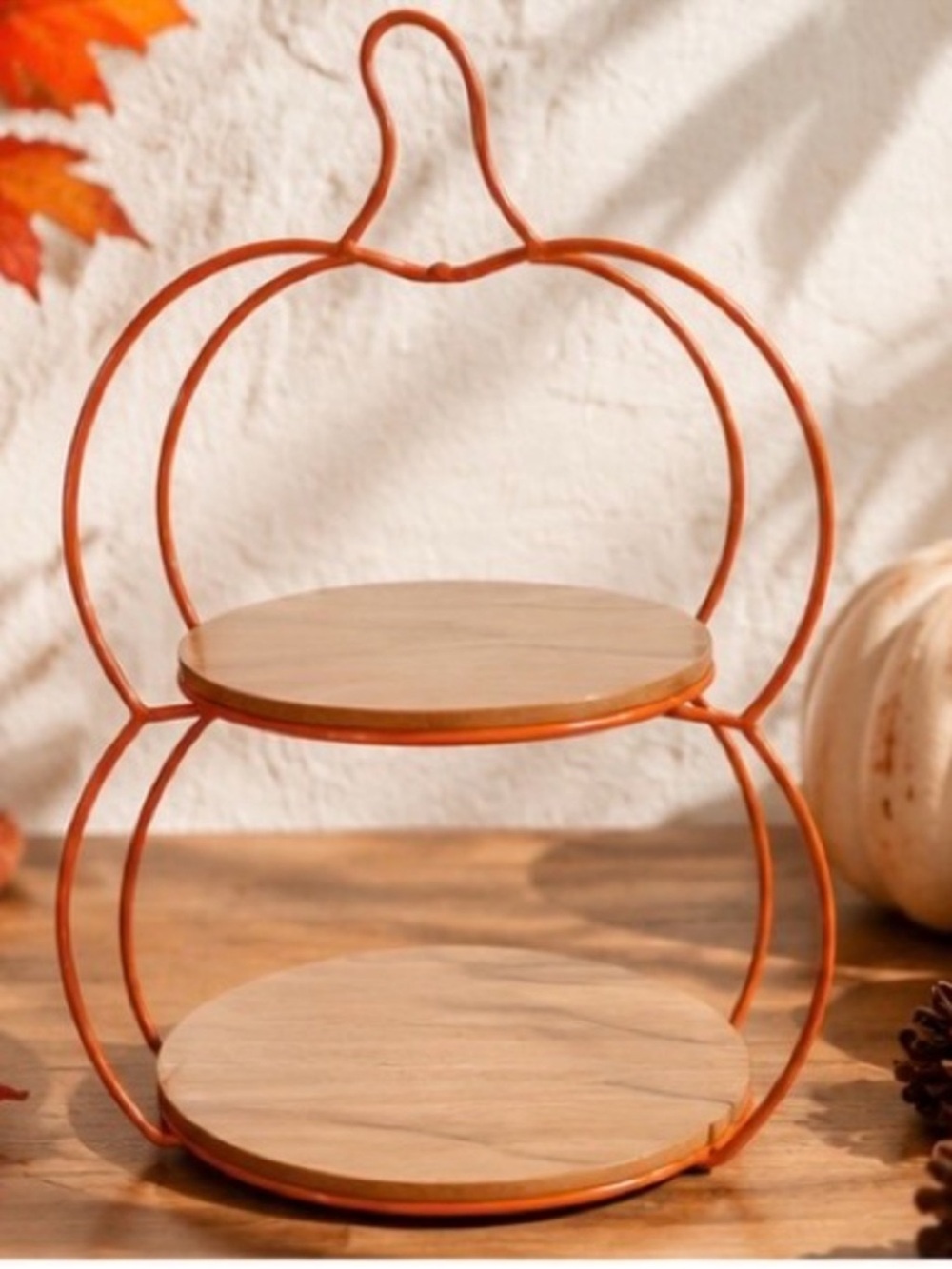 Pumpkin Two-Tier Serving Stand in Orange and Wood, Two-Tier Pumpkin Tray